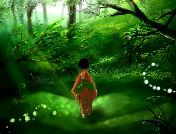 Anime picture 1833x1400 with mushishi renzu (mushishi) yatsude highres short hair black hair japanese clothes from behind bow plant (plants) tree (trees) kimono forest child (children)