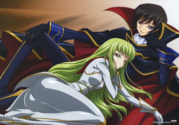 Anime picture 6154x4298 with code geass sunrise (studio) c.c. lelouch lamperouge long hair looking at viewer fringe highres short hair light erotic purple eyes yellow eyes green hair couple girl boy
