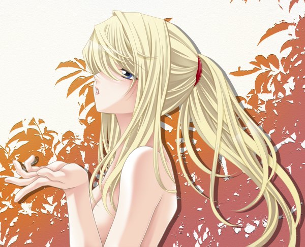 Anime picture 1200x975 with metroid nintendo samus aran tamamon single long hair fringe blue eyes light erotic blonde hair ponytail hair over one eye topless girl