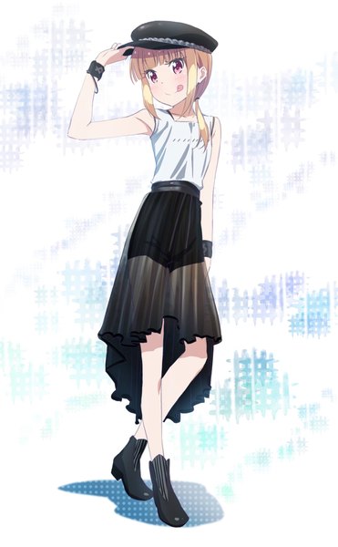Anime picture 1266x2047 with new game! doga kobo iijima yun pink x single long hair tall image fringe blonde hair smile standing looking away full body blunt bangs pink eyes alternate costume sleeveless adjusting hat :q contemporary