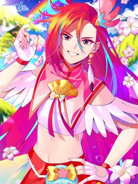 Anime picture 768x1024 with precure tropical-rouge! precure toei animation takizawa asuka cure flamingo atamano single long hair tall image looking at viewer smile pink hair sky outdoors pink eyes midriff character names hand on hip grin magical girl