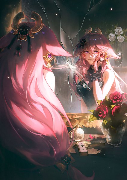 Anime picture 1240x1754 with genshin impact yae miko zieru single long hair tall image fringe smile hair between eyes standing purple eyes bare shoulders signed pink hair parted lips alternate costume sleeveless reflection hand on face blood on face