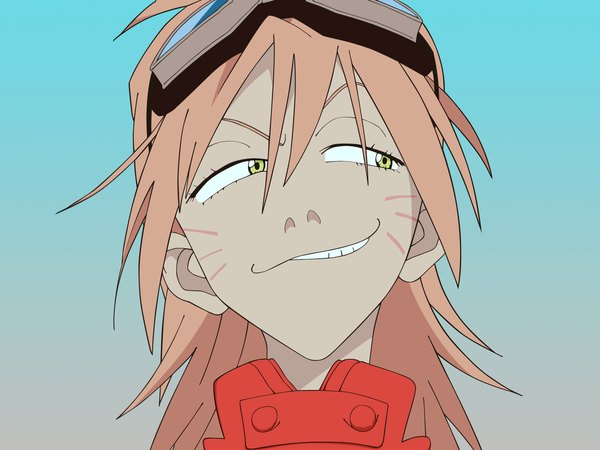 Anime picture 1600x1200 with flcl gainax haruhara haruko long hair smile yellow eyes looking away pink hair blue background goggles on head girl goggles