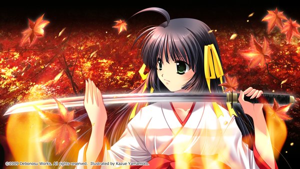 Anime picture 1920x1080 with kagura douchuuki arashiyama ibuki yamamoto kazue highres black hair wide image green eyes ahoge japanese clothes autumn girl weapon sword kimono katana leaf (leaves)