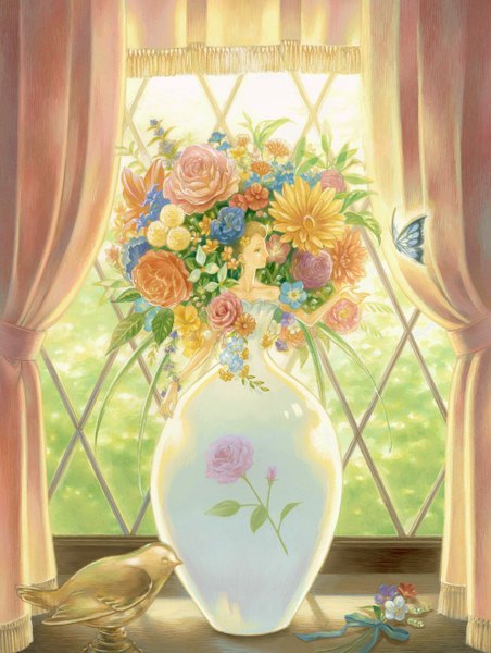 Anime picture 1000x1327 with original akasioukan single tall image blonde hair smile bare shoulders green eyes profile hair flower light smile abstract girl hair ornament flower (flowers) bow animal window bird (birds) rose (roses)