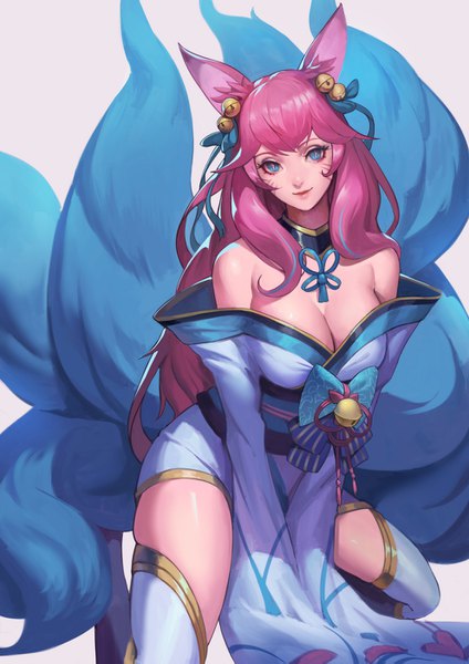 Anime picture 992x1403 with league of legends ahri (league of legends) spirit blossom ahri phamoz single long hair tall image looking at viewer fringe breasts blue eyes light erotic simple background smile bare shoulders animal ears blue hair pink hair cleavage bent knee (knees)