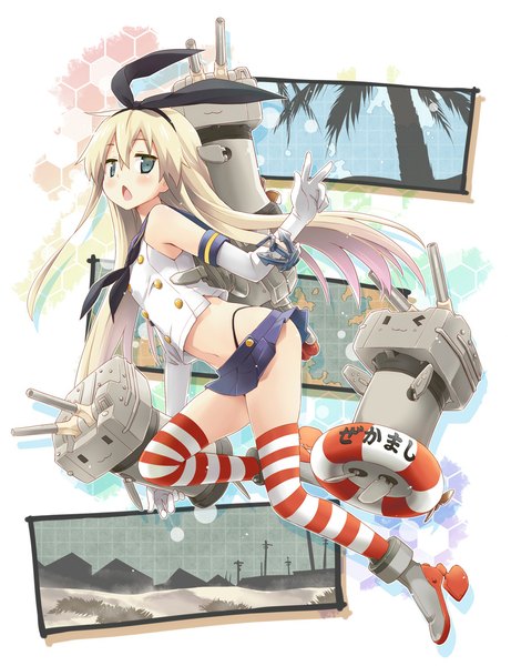 Anime picture 900x1170 with kantai collection shimakaze destroyer rensouhou-chan eretto single long hair tall image looking at viewer blush open mouth blonde hair one eye closed wink grey eyes :3 weightlessness girl thighhighs skirt gloves