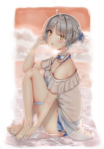 Anime picture 1050x1500 with original reinama single tall image looking at viewer blush fringe short hair breasts open mouth light erotic sitting yellow eyes sky cleavage cloud (clouds) full body ahoge outdoors ponytail