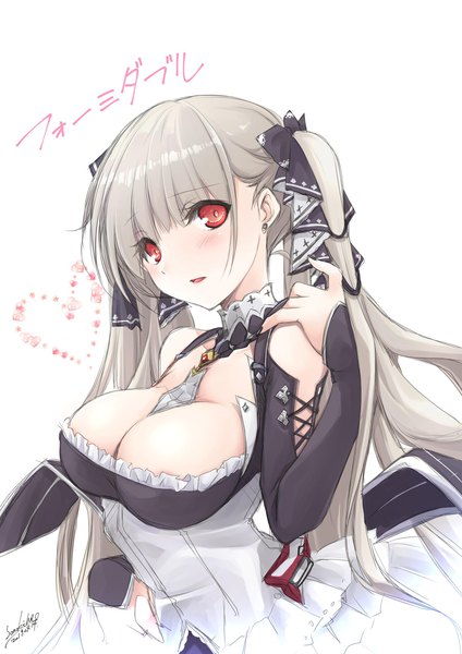 Anime picture 1518x2150 with azur lane formidable (azur lane) sono kichi single long hair tall image looking at viewer blush breasts light erotic simple background red eyes large breasts white background twintails cleavage upper body grey hair character names girl