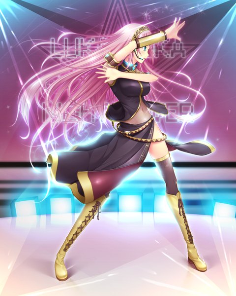 Anime picture 1600x2000 with vocaloid megurine luka mine (1-1-1) single long hair tall image blue eyes pink hair profile dancing girl thighhighs dress black thighhighs boots headphones