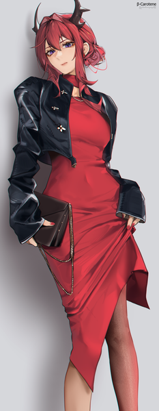 Anime picture 1424x3672 with arknights surtr (arknights) lufi ays single tall image looking at viewer fringe short hair simple background hair between eyes standing holding red hair long sleeves nail polish head tilt horn (horns) fingernails grey background open jacket
