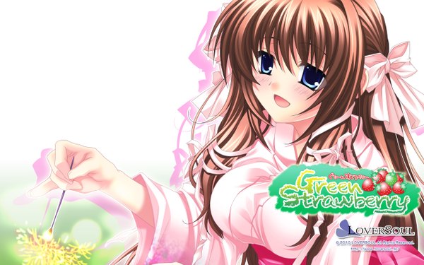Anime picture 1280x800 with green strawberry blue eyes brown hair wide image girl