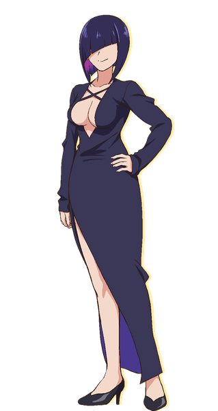 Anime picture 850x1600 with dekoboko majo no oyako jijou giriko (dekoboko majo no oyako jijou) single tall image short hair breasts light erotic smile large breasts standing blue hair cleavage full body official art high heels hand on hip side slit transparent background hair over eyes girl