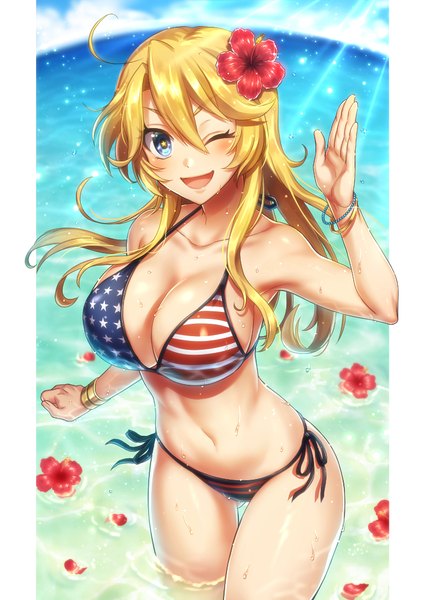 Anime picture 717x1012 with kantai collection iowa (kantai collection) mika (1020mk) single long hair tall image looking at viewer blush fringe breasts open mouth blue eyes light erotic blonde hair smile hair between eyes large breasts standing bare shoulders payot