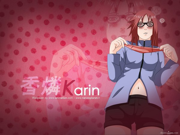 Anime picture 1600x1200 with naruto studio pierrot naruto (series) karin (naruto) single short hair light erotic pink hair pink eyes inscription embarrassed pink background zoom layer girl underwear panties glasses shorts