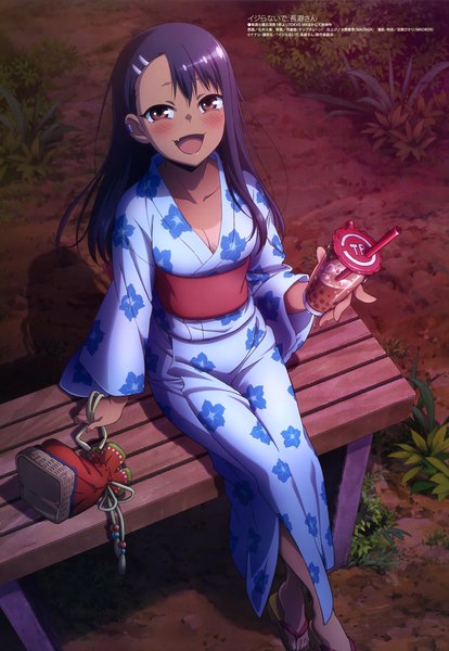Anime picture 4090x5930 with ijiranaide nagatoro-san megami magazine nagatoro hayase ishii kumi single long hair tall image highres open mouth black hair sitting brown eyes absurdres outdoors traditional clothes :d japanese clothes from above scan official art