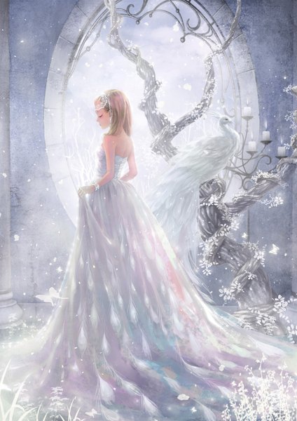 Anime picture 1240x1754 with original wallace (artist) long hair tall image blonde hair standing bare shoulders holding sky cloud (clouds) eyes closed back snowing winter snow girl dress hair ornament plant (plants) animal