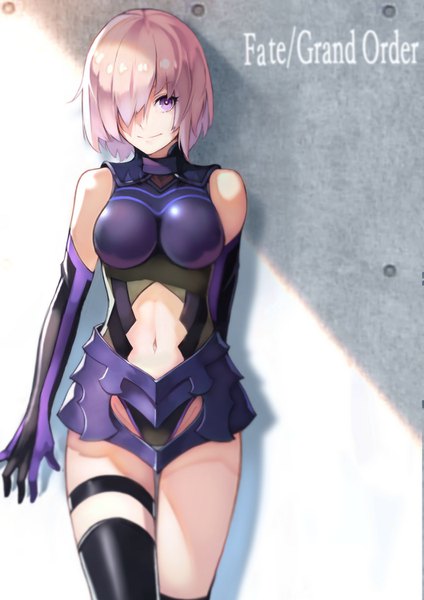 Anime picture 1060x1500 with fate (series) fate/grand order mash kyrielight yoshio (55level) single tall image looking at viewer fringe short hair breasts light erotic smile purple eyes pink hair hair over one eye copyright name against wall girl gloves elbow gloves