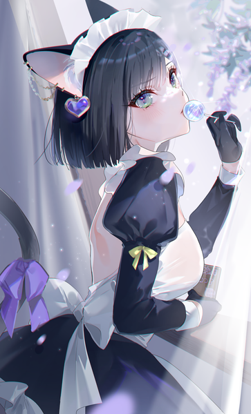 Anime picture 991x1637 with original miwano rag single tall image looking at viewer blush fringe short hair black hair standing holding green eyes animal ears tail long sleeves animal tail cat ears maid cat girl cat tail