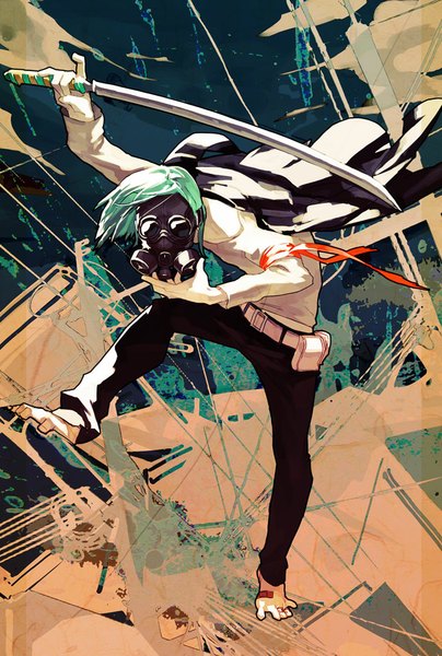 Anime picture 689x1024 with original amanohana single tall image short hair barefoot green hair wind abstract boy ribbon (ribbons) weapon sword katana pants toes bandaid gas mask