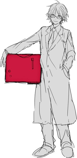 Anime picture 473x959 with durarara!! brains base (studio) kishitani shinra urahara single tall image looking at viewer short hair simple background smile white background ahoge monochrome hand in pocket sketch spot color boy glasses necktie labcoat