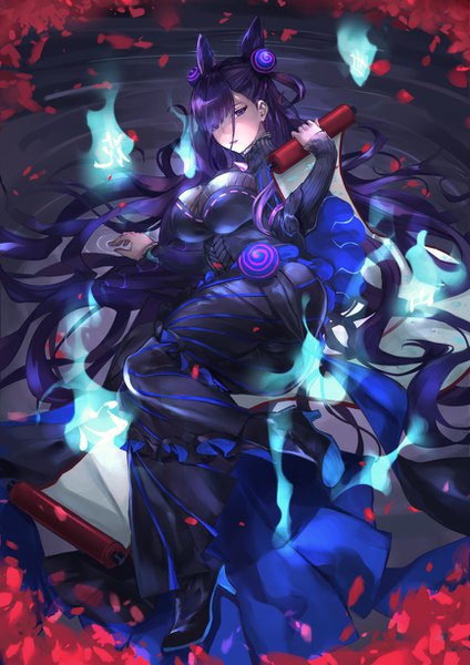 Anime picture 868x1228 with fate (series) fate/grand order murasaki shikibu (fate) bkko single long hair tall image looking at viewer fringe breasts light erotic hair between eyes large breasts purple eyes holding payot purple hair lying long sleeves parted lips