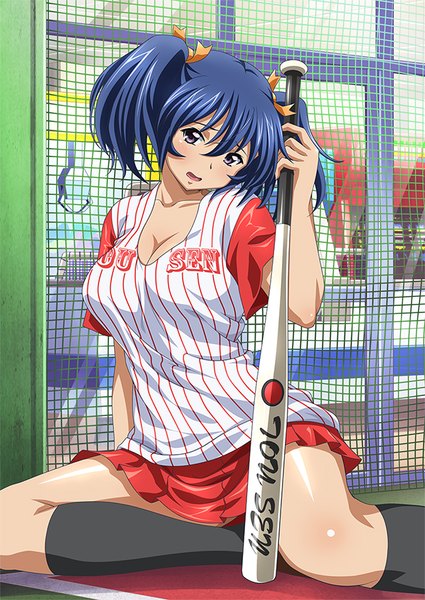 Anime picture 600x847 with ikkitousen bashoku youjou single tall image looking at viewer short hair open mouth light erotic twintails blue hair black eyes short twintails girl skirt miniskirt socks black socks baseball bat