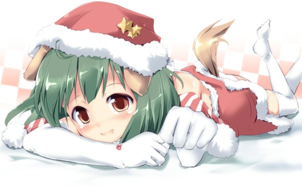 Anime picture 1296x800 with macross macross frontier ranka lee naka (cheeseyeast) single blush fringe short hair light erotic wide image brown eyes animal ears tail green hair no shoes fur trim girl thighhighs gloves white thighhighs