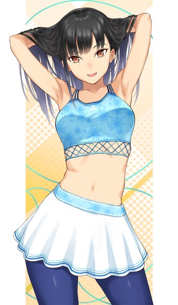 Anime picture 847x1454 with fitness boxing karen (fitness boxing) serizawa (serizawaroom) single long hair tall image looking at viewer fringe breasts open mouth black hair smile standing yellow eyes blunt bangs :d arms up armpit (armpits) midriff arms behind head