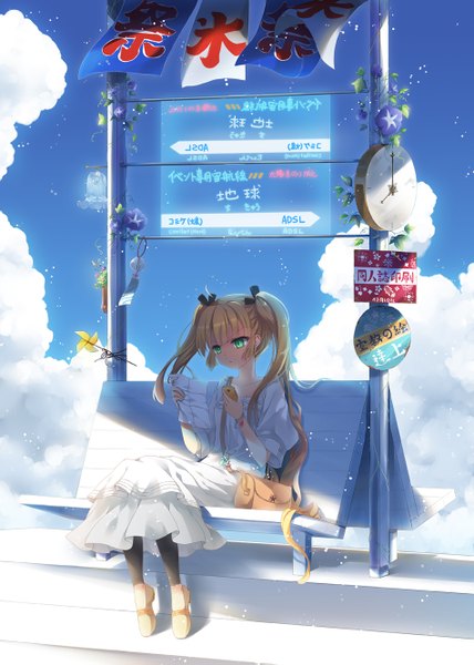 Anime picture 950x1331 with original ceru long hair tall image blonde hair sitting twintails green eyes sky cloud (clouds) girl dress bag clock phone