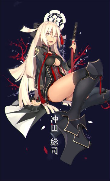 Anime picture 2980x4907 with fate (series) fate/grand order okita souji (fate) (all) okita souji alter (fate) virtu.al single long hair tall image looking at viewer fringe highres open mouth light erotic simple background blonde hair hair between eyes sitting holding signed yellow eyes