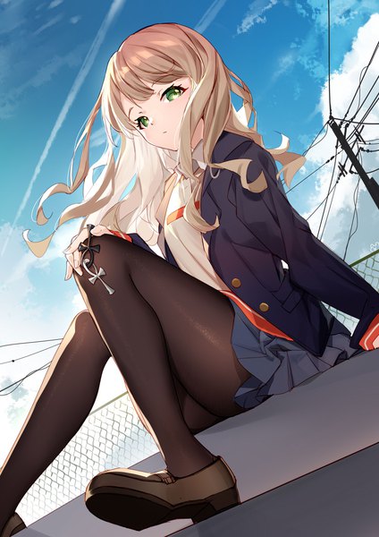 Anime picture 1000x1415 with gridman universe ssss.dynazenon studio trigger minami yume bison cangshu single long hair tall image looking at viewer fringe light erotic blonde hair sitting green eyes sky cloud (clouds) bent knee (knees) outdoors long sleeves pleated skirt