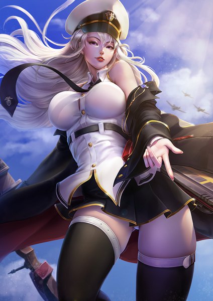 Anime picture 764x1080 with azur lane enterprise (azur lane) azhang single long hair tall image looking at viewer fringe breasts light erotic hair between eyes standing purple eyes bare shoulders sky silver hair cloud (clouds) outdoors wind realistic