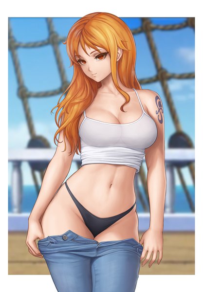 Anime picture 625x900 with one piece toei animation nami (one piece) flowerxl single long hair tall image looking at viewer fringe breasts light erotic large breasts standing sky cleavage cloud (clouds) outdoors light smile blurry orange hair