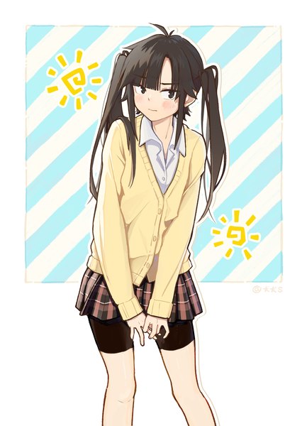 Anime picture 2480x3439 with kagerou project shaft (studio) enomoto takane inuinu-s single long hair tall image blush fringe highres black hair standing white background twintails payot blunt bangs pleated skirt black eyes plaid skirt alternate hairstyle