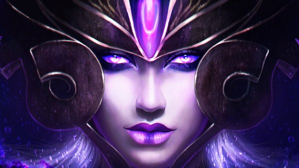 Anime picture 1920x1080 with league of legends syndra magicnaanavi single looking at viewer highres wide image purple eyes purple hair lips realistic lipstick face purple background girl helmet