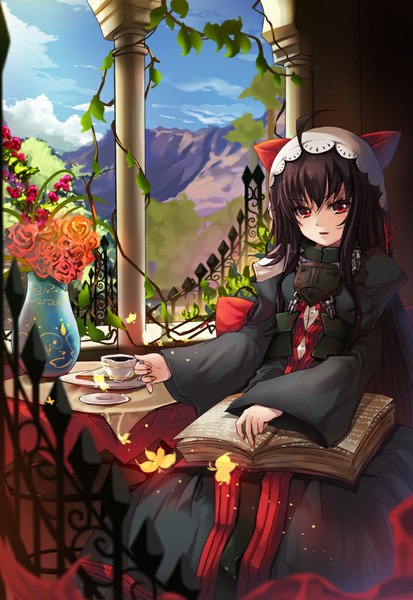 Anime picture 709x1030 with original sola (sola04) single long hair tall image looking at viewer open mouth black hair red eyes sitting ahoge girl flower (flowers) plant (plants) headdress book (books) cup