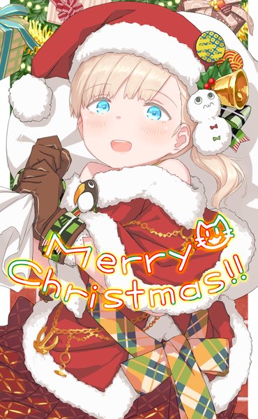 Anime picture 1000x1620 with kantai collection shin'you (kantai collection) hayashi naoharu single long hair tall image blush open mouth blue eyes blonde hair looking away :d loli text side ponytail christmas english merry christmas girl gloves