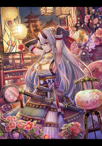 Anime picture 800x1145 with fate (series) fate/grand order tomoe gozen (fate) torino aqua single long hair tall image fringe breasts hair between eyes red eyes looking away sky silver hair traditional clothes parted lips japanese clothes horn (horns) armpit (armpits) sleeveless