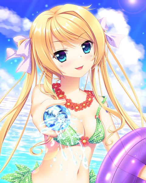 Anime picture 1024x1280 with original 33paradox single long hair tall image looking at viewer blush breasts open mouth blue eyes light erotic blonde hair twintails sky cloud (clouds) girl flower (flowers) bow swimsuit hair bow
