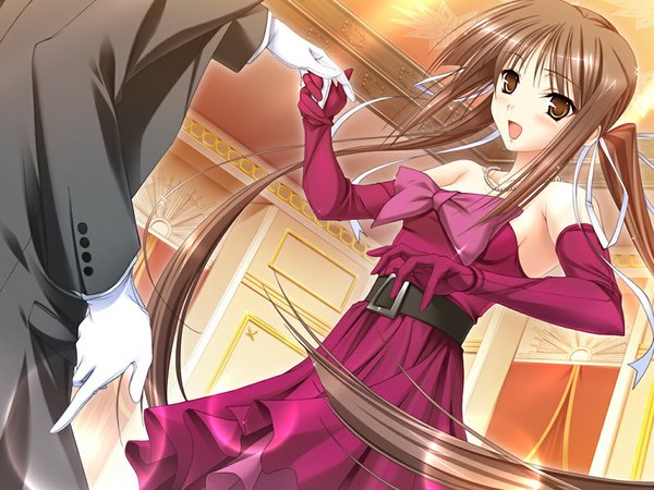 Anime picture 1024x768 with princess lover houjouin seika long hair open mouth brown hair twintails brown eyes game cg girl dress ribbon (ribbons) hair ribbon