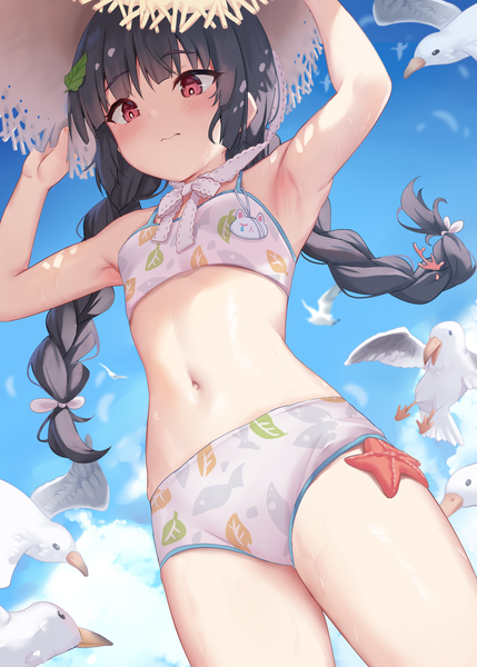 Anime picture 2591x3624 with blue archive miyu (blue archive) miyu (swimsuit) (blue archive) shimokirin single long hair tall image blush fringe highres light erotic black hair red eyes standing looking away sky cloud (clouds) blunt bangs braid (braids) arms up