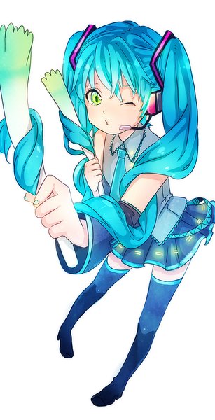 Anime picture 500x975 with vocaloid hatsune miku yokotn single tall image fringe simple background standing white background twintails green eyes full body very long hair nail polish one eye closed from above aqua hair girl detached sleeves boots