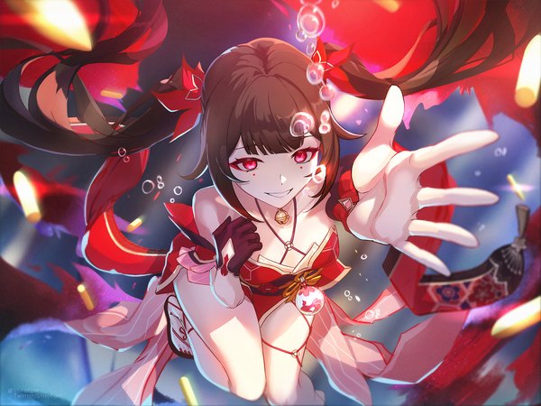 Anime picture 1920x1441 with honkai: star rail honkai (series) sparkle (honkai: star rail) shiro font single long hair looking at viewer fringe highres breasts light erotic smile red eyes brown hair twintails bare shoulders payot blunt bangs grin facial mark