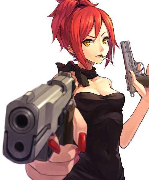 Anime picture 900x1086 with fkey single tall image looking at viewer fringe short hair breasts simple background white background bare shoulders holding yellow eyes ponytail red hair nail polish fingernails lips mouth hold smoke smoking