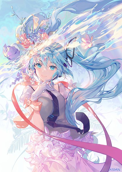Anime picture 1215x1719 with vocaloid hatsune miku atdan single long hair tall image looking at viewer blush fringe smile hair between eyes standing signed payot aqua eyes wind aqua hair girl gloves flower (flowers)
