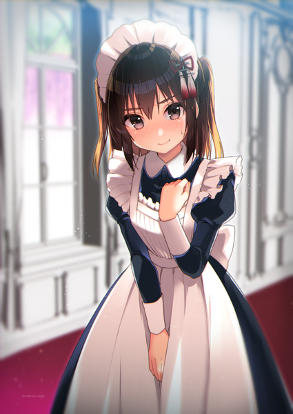 Anime picture 850x1200 with kantai collection sendai light cruiser koruri single long hair tall image looking at viewer blush fringe smile hair between eyes brown hair standing brown eyes indoors light smile maid two side up puffy sleeves sweatdrop