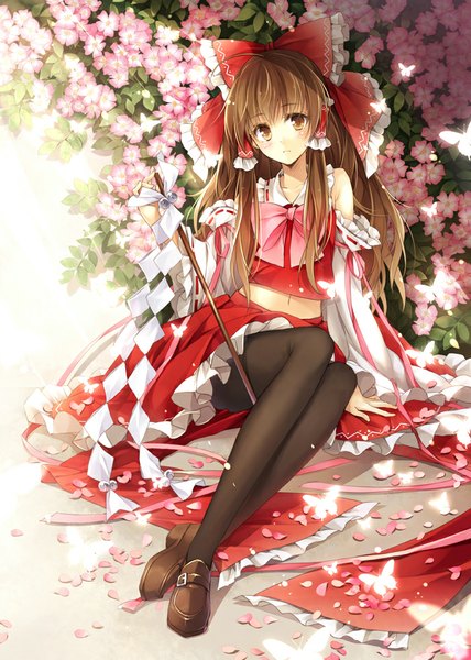 Anime picture 713x1000 with touhou hakurei reimu hagiwara rin single long hair tall image looking at viewer blush brown hair sitting brown eyes traditional clothes japanese clothes girl skirt flower (flowers) bow ribbon (ribbons) hair bow detached sleeves