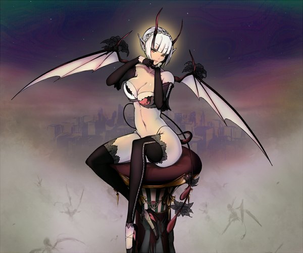 Anime picture 1050x875 with original wiz short hair breasts light erotic sitting bare shoulders white hair tail horn (horns) pointy ears orange eyes demon girl demon tail demon wings silhouette succubus girl thighhighs gloves