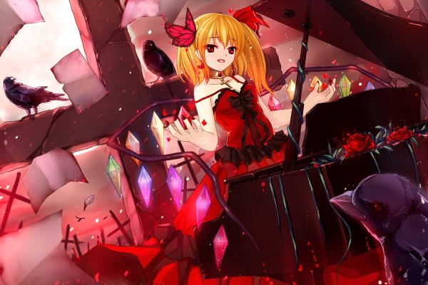 Anime picture 1200x800 with touhou flandre scarlet bai kongque (shirokujaku) single long hair looking at viewer open mouth blonde hair bare shoulders cleavage ponytail nail polish alternate costume side ponytail girl dress hair ornament flower (flowers) bow ribbon (ribbons)